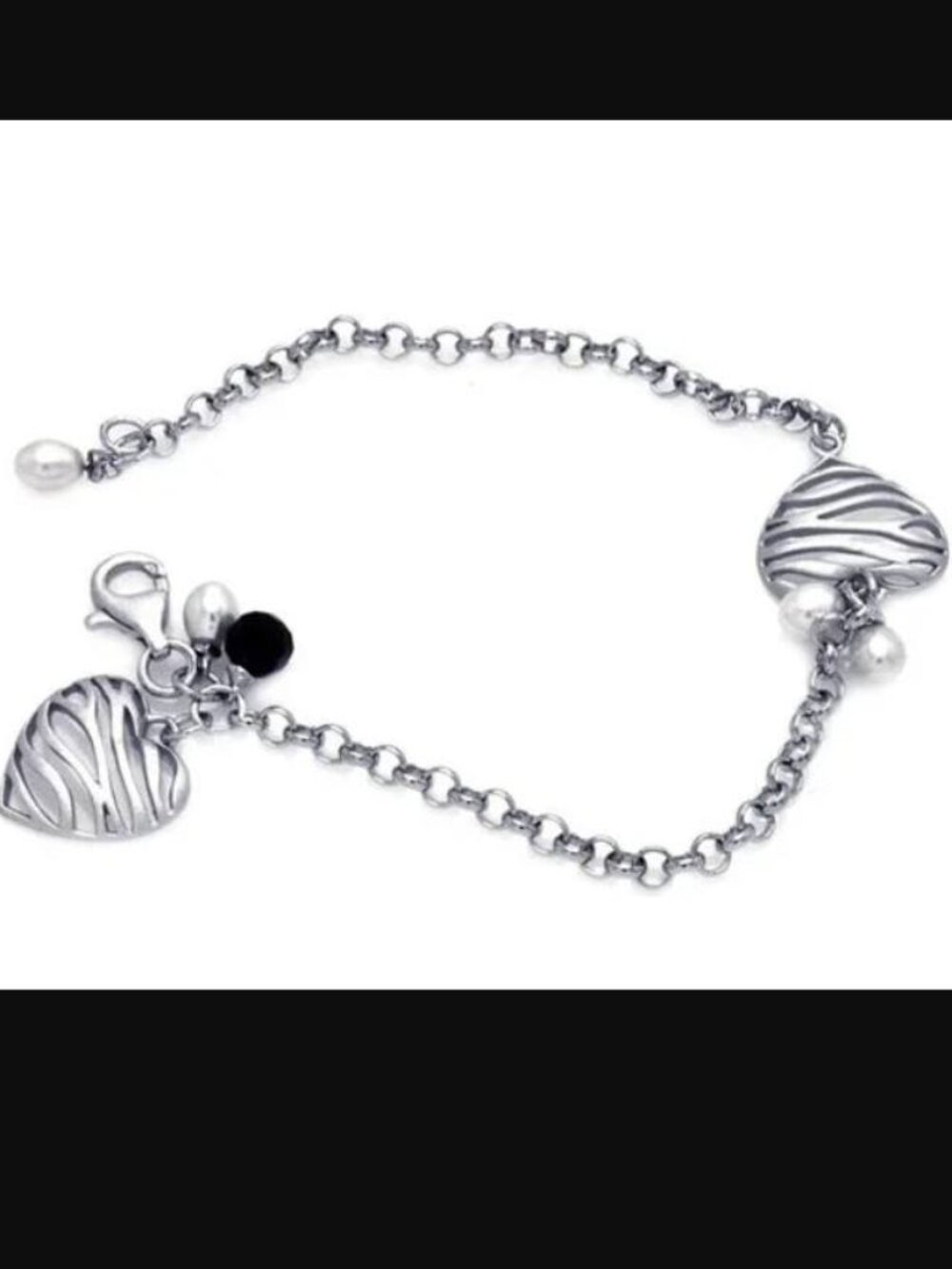 Silver 925 Rhodium Plated Matte Finish Pearl Zebra Pattern Open Heart Bracelet